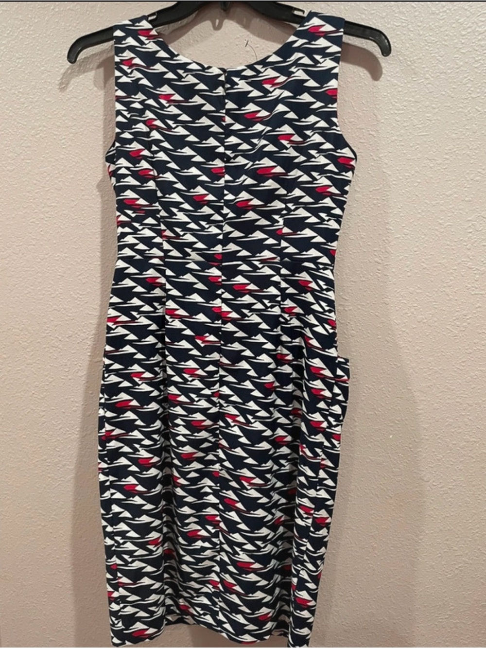 London Times Navy, White and Red Geometric Sleeveless Sheath Dress
